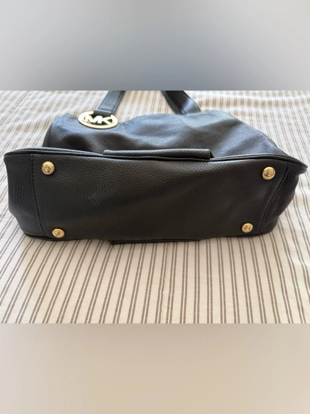 Michael Kors Black Leather Tote with Gold MK Logo Charm